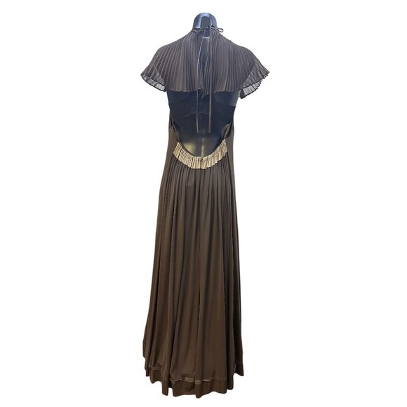 BCBG Maxazria Runway Vintage-Inspired Brown Pleated Maxi Dress w/Intricate Cutou - Picture 2 of 6